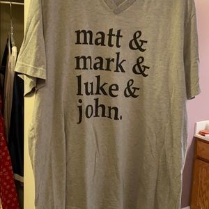 V-neck shirt with Matt, Mark, Luke, and John